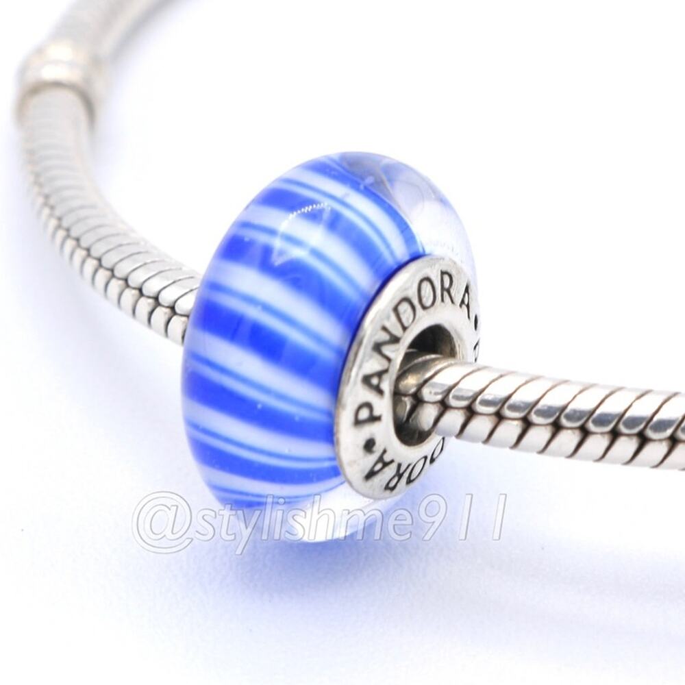 Authentic PANDORA Blue candy Stripes Murano Glass Charm - 790683